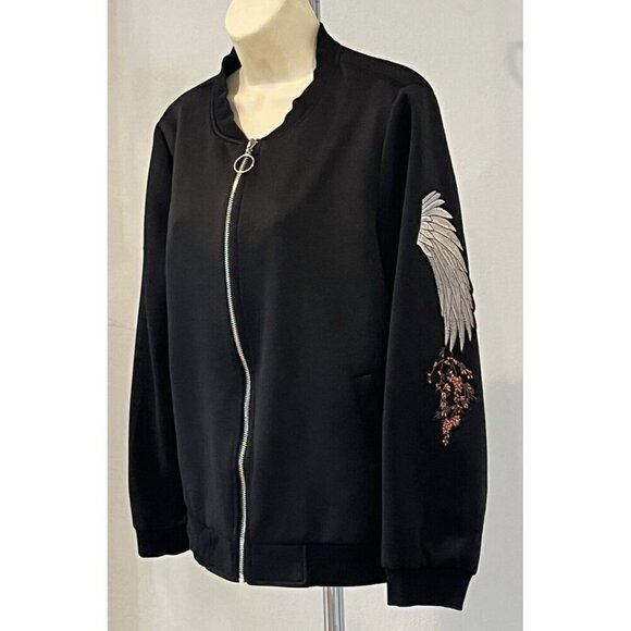 ZARA Black Floral Crane Embroidered Appliques Zip Jersey Jacket Bomber - Picture 2 of 8